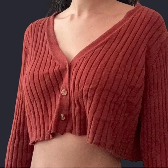 Rust Ribbed Button-Up Cardigan - Picture 2 of 5